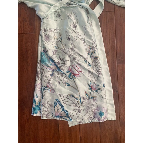 WORLD MARKET Aqua Botanical & Butterfly Satin Kimono Robe/Cover Up/belt OSFM - Picture 7 of 10